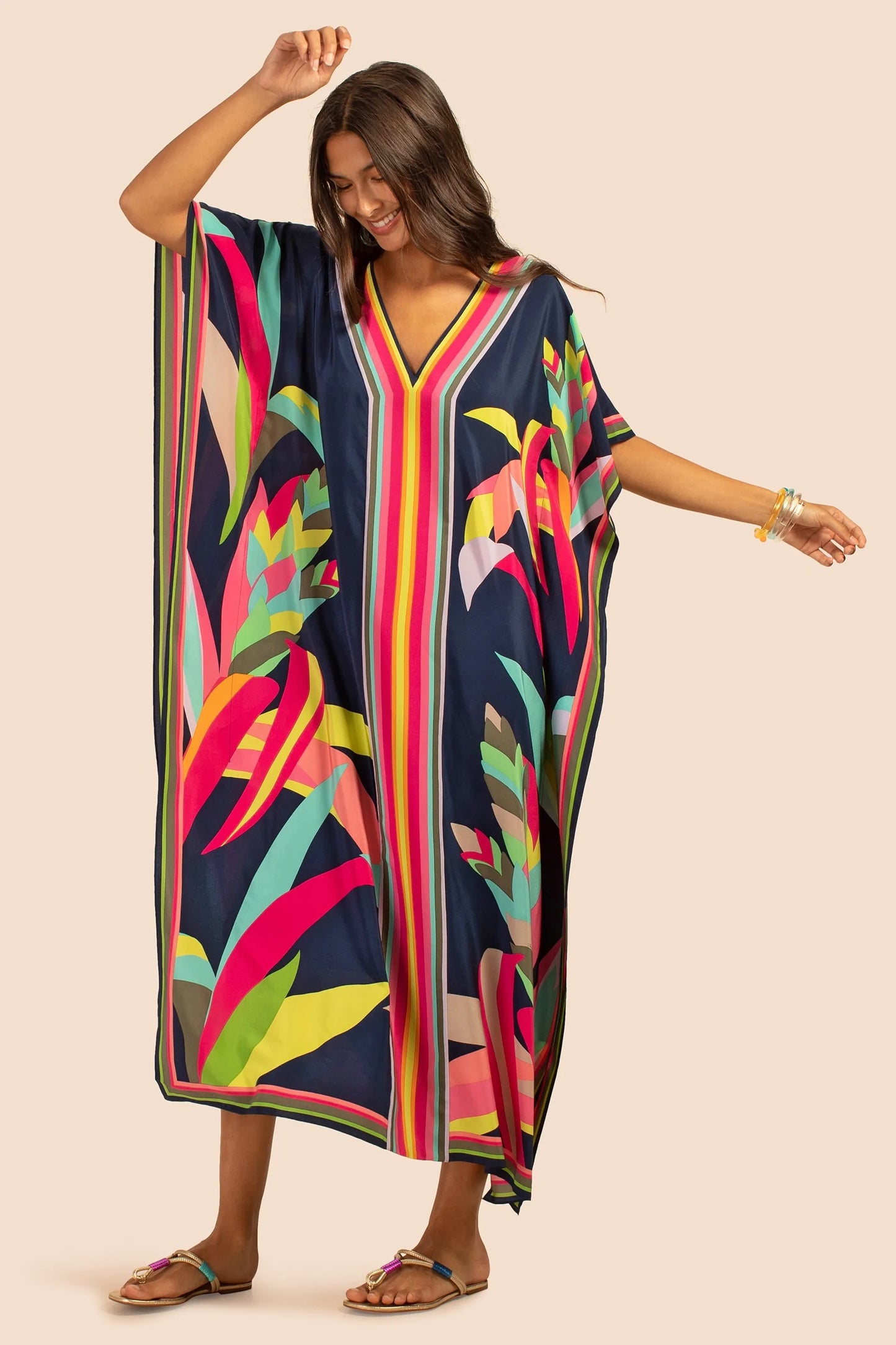 Garden Glow Designer Silk Crepe Kaftan Dress