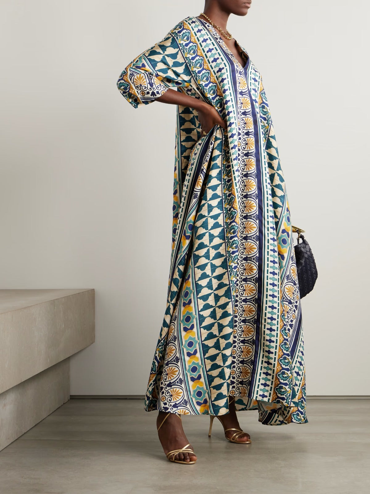 Luminous Silk Printed Long Kaftan