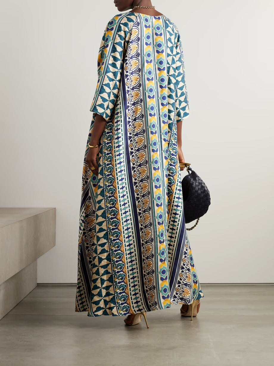 Luminous Silk Printed Long Kaftan